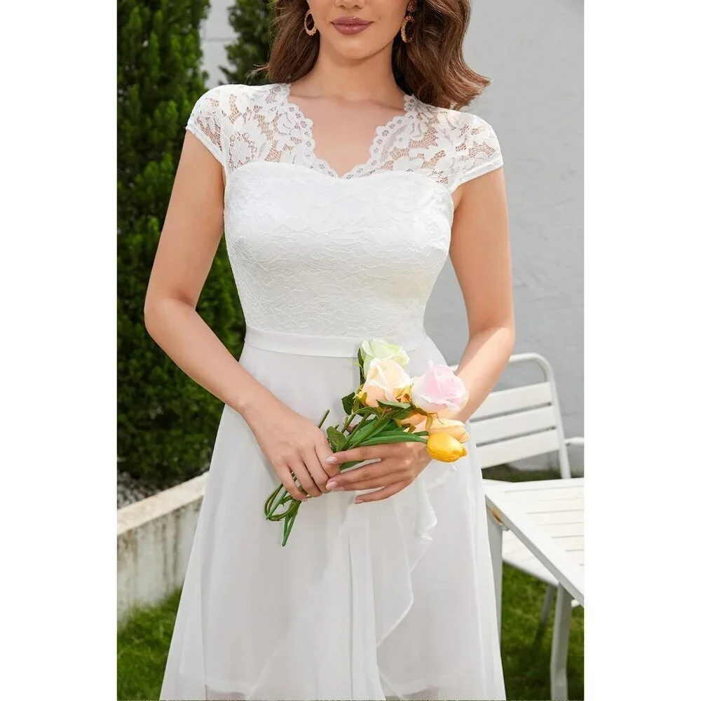 Women's White V-Neck  Hi-Lo Floral Lace Prom Cocktail Party Formal Dress